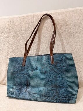 Exotic leather Teal Textured Tote with Brown Leather Handles